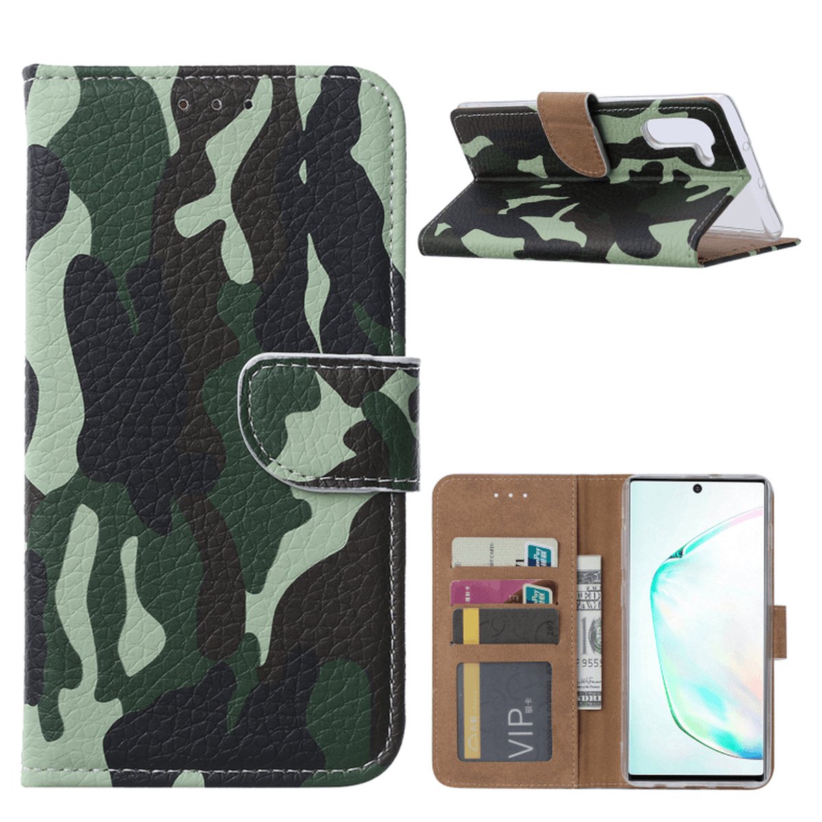 Cityhoesje - Bookcase geschikt voor Samsung Note 10 Pasjeshouder Camo Groen
