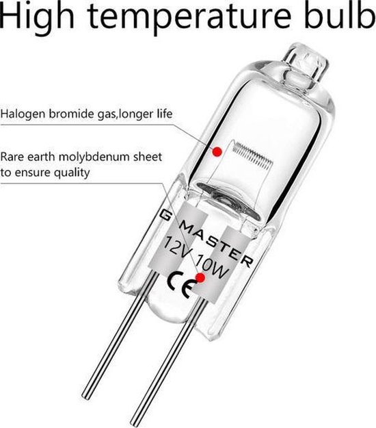 G Master 12V 10W G4 halogeenlamp met twee pinnetjes. Glashelder met gloeidraad.