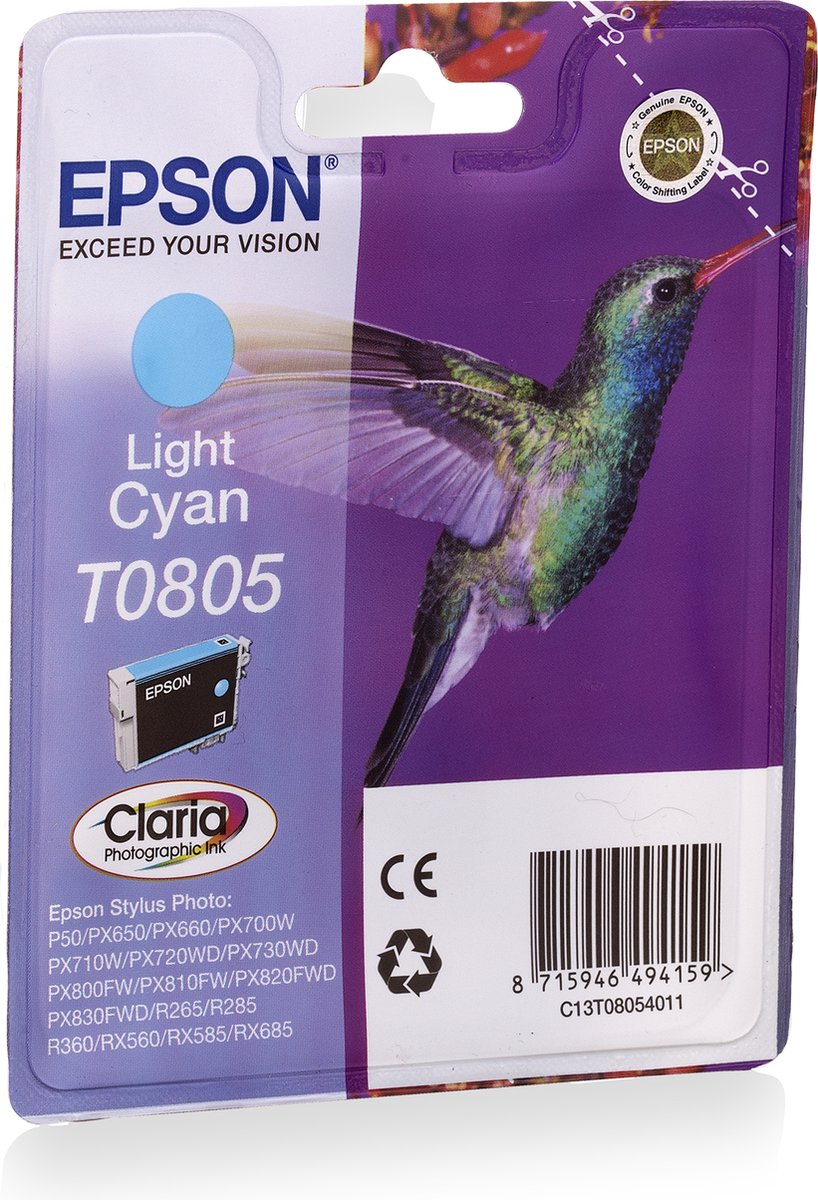 Epson Kolibrie Singlepack licht cyaan T0805 Claria fotografische inkt