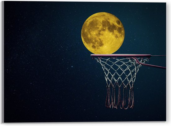 Acrylglas - Maan met Gele Gloed in Basketbal Net - 40x30 cm Foto op Acrylglas (Met Ophangsysteem)