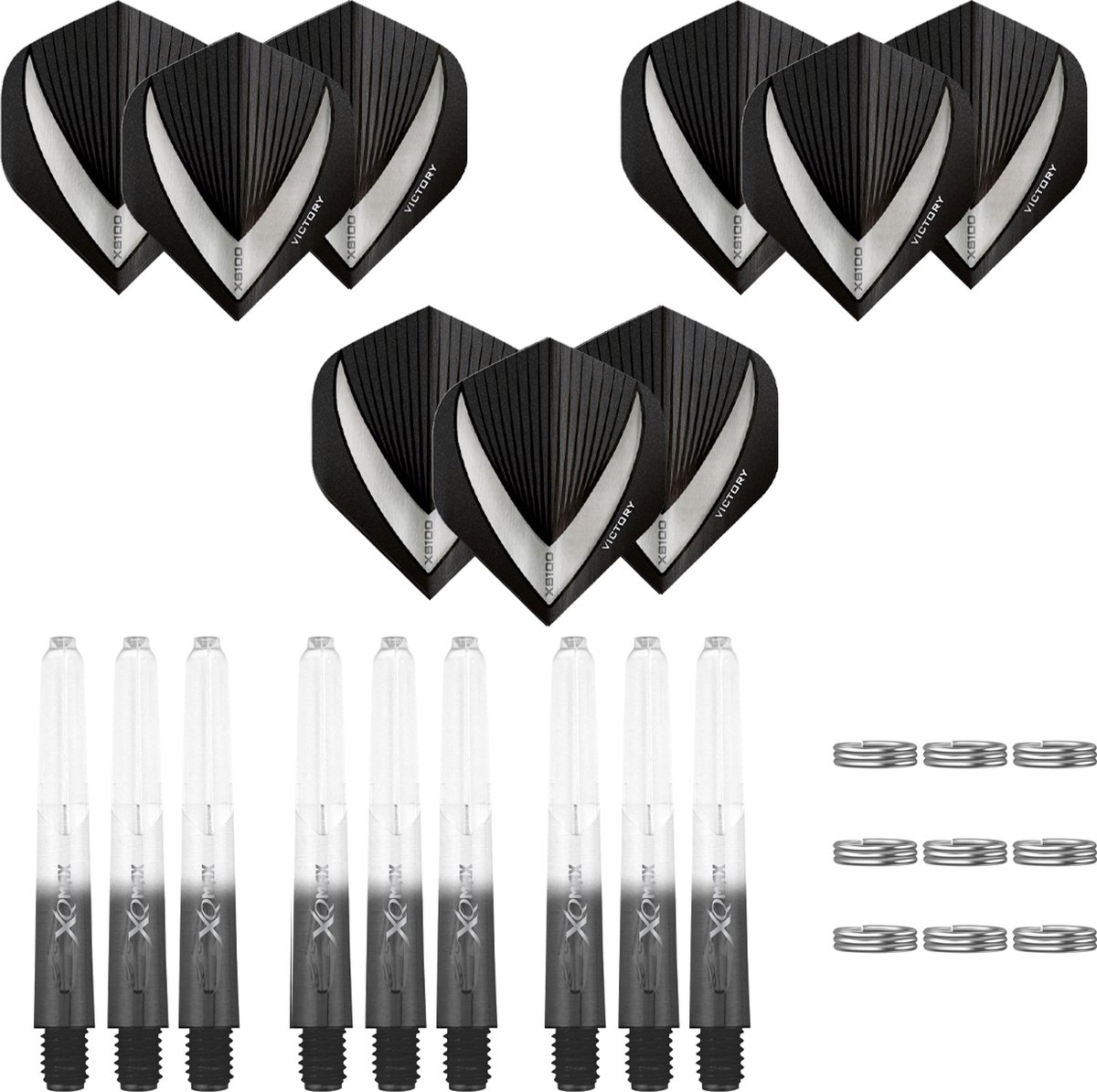 Darts Set - 18-delig - Maxgrip - 3 sets - dart shafts - zwart-clear - short - 3 sets - Vista-X - dart flights - Cadeau