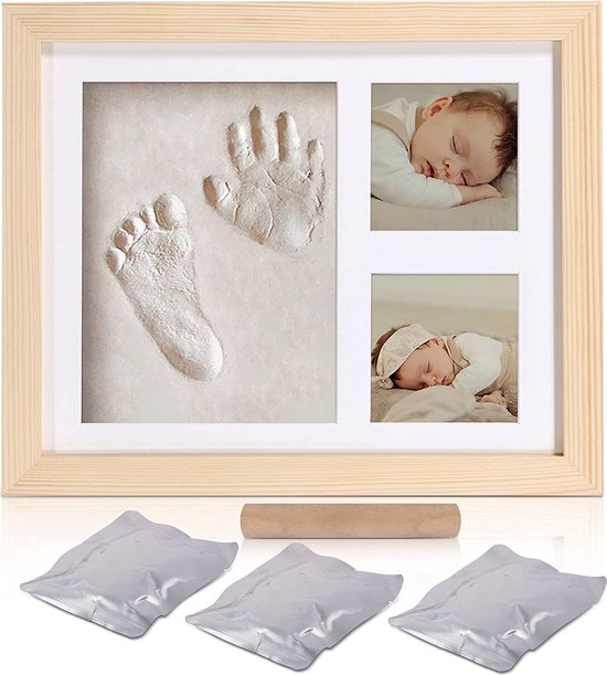 Babyhand- en voetafdrukset - sneldrogende klei babyvoetafdrukset, pasgeboren aandenken, kinderkamer fotolijst voor jongens, meisjes, gepersonaliseerde cadeaus voor douche en register (Ash Wood