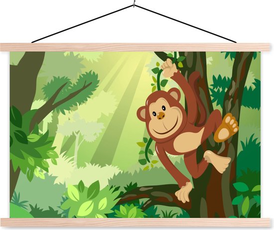 Posterhanger incl. Poster - Schoolplaat - Aap - Jungle - Jongens - Meisjes - Bloemen - Kids - 150x100 cm - Blanke latten