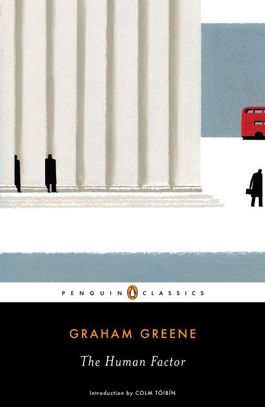 Boek 'The Human Factor' van Graham Greene, Penguin Classics. Illustratie met klassieke zuilen, een rode dubbeldekkerbus en silhouetten.