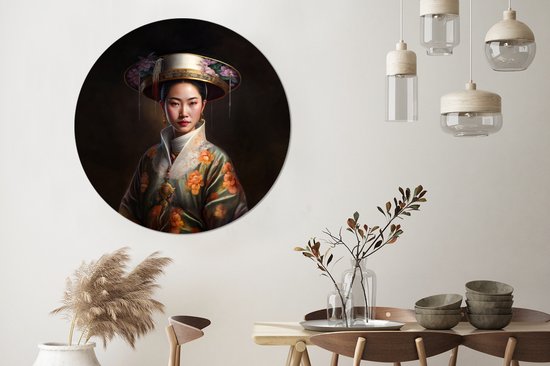 WallCircle - Wandcirkel - Muurcirkel - Vrouwen - Aziatisch - Bloemen - Portret - Aluminium - Dibond - ⌀ 140 cm - Binnen en Buiten