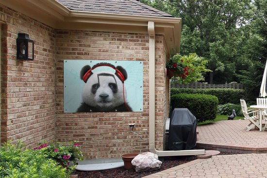 Affiche jardin - Toile jardin - Posters de jardin extérieur - Panda - Casque - Animal - Notes de musique - Rouge - 120x80 cm - Jardin