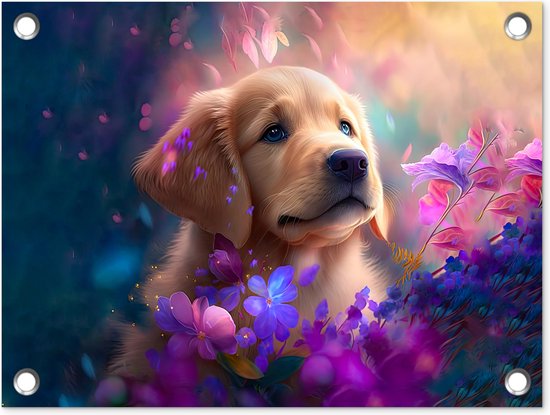 Tuin decoratie Hond - Puppy - Zon - Bloemen - Golden retriever - 40x30 cm - Tuindoek - Buitenposter