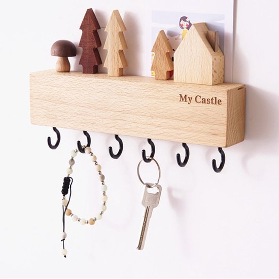 Boîte à clés en bois avec crochets noirs-porte-clés décoratif-6 crochets