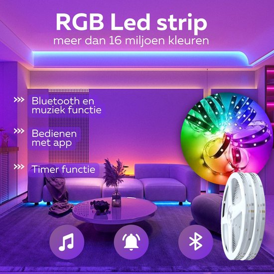BYER RGB LED Strip Licht 15 Meter - Muzieksynchronisatie + Kleurverandering - Ingebouwde Microfoon - App Bediening + Afstandsbediening - Verlichting - 5050 RGB Led (5M/10M/15M/20M/30M)