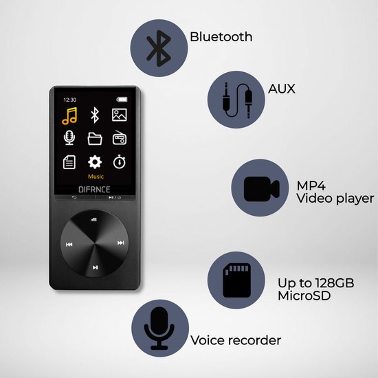 Difrnce MP3 / MP4 Speler - Bluetooth - USB - Shuffle - tot 128GB - Incl. Oordopjes - Voice recorder - Dicatafoon - MP1820BT - Zwart