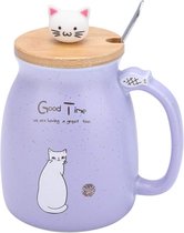 Joli chat tasse en céramique café eau lait tasse tasse à thé ensembles avec cuillère et couvercle pour bureau à domicile cadeau à boire (violet)
