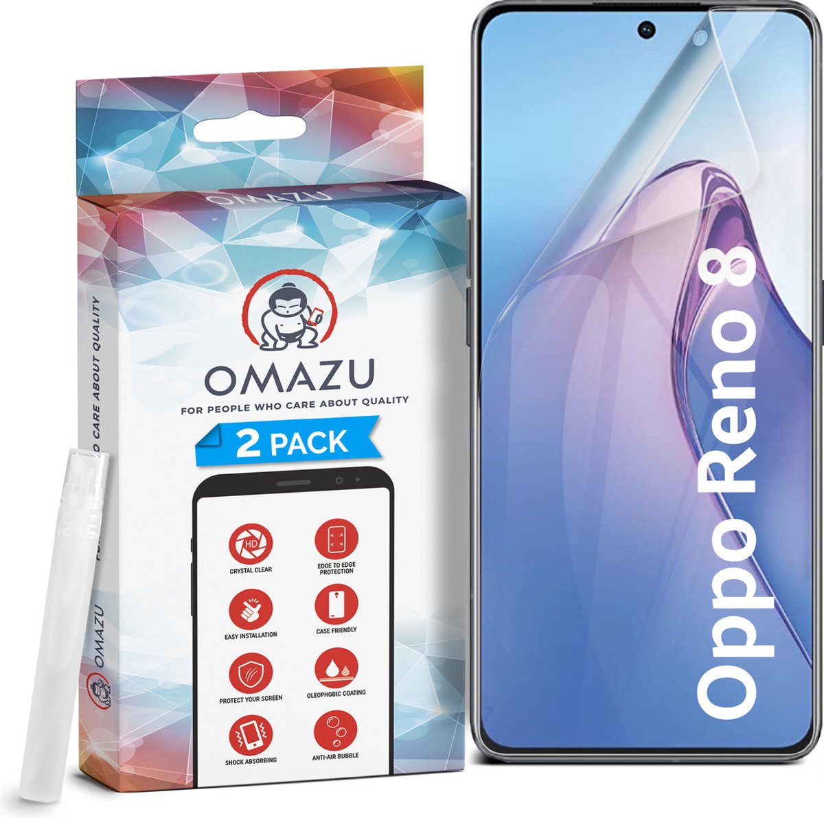 Oppo Reno 8 OMAZU 3D Flex TPU Screenprotector, 2 Pack (100% vingerafdruk scanner compatible) met kras herstellende coating, Edge to Edge bescherming