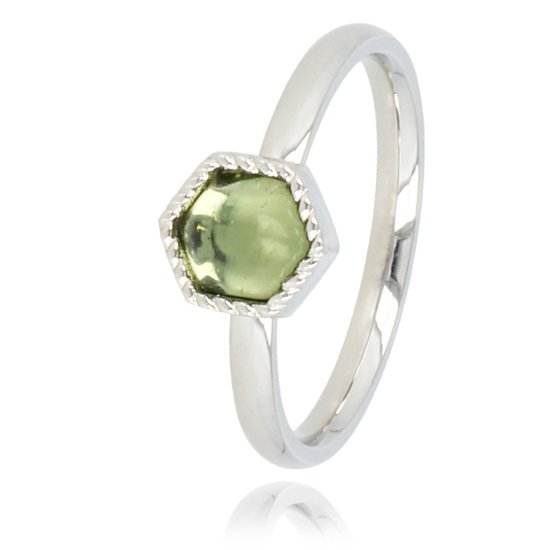My Bendel - Zilveren ring met groene glassteen - Unieke zilveren ring gevormd in een zeshoek met groene glassteen - Met luxe cadeauverpakking