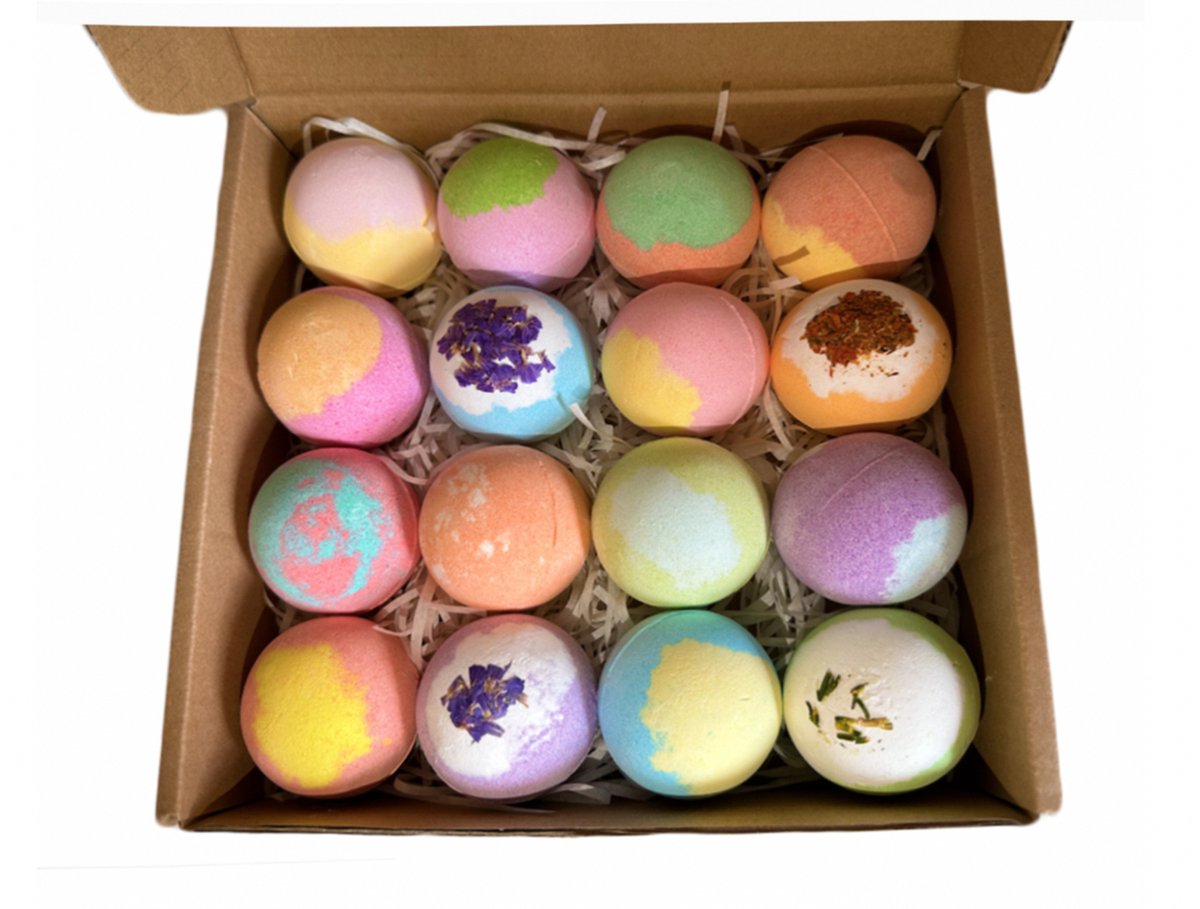 SOAKD ® Bruisballen Set van 16 × 100g XXL - Ontspannend en Geurig Bruisballen - Bevat Essentiële Oliën - Handgemaakte en Natuurlijke en Kleurrijk - 4 Stuks met Bloemen