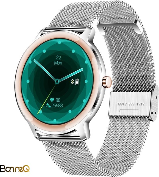 BonneQ Luxe dames Smartwatch Stappenteller - Stappenteller horloge dames - Hartslagmeter - Calorieënverbruik - NL E-handleiding - Zilver