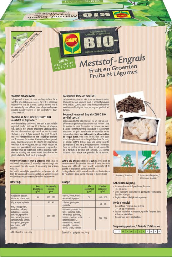 COMPO BIO Potgrond Voor Tomaten & Groenten – 20 L – 100% Natuurlijk – Met Biologische Guano-meststof – Werking Tot 5 Weken – Geschikt Voor Vollegrond, Serres En Zakteelt