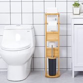 Staande wc-garnituur van bamboe, met toiletpapierhouder en wc-borstelhouder, smartphoneopberg/toiletborstel/wc-rolhouder