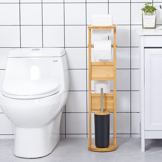 Ensemble de toilette sur pied en bambou, avec porte-papier toilette et porte -brosse... | bol