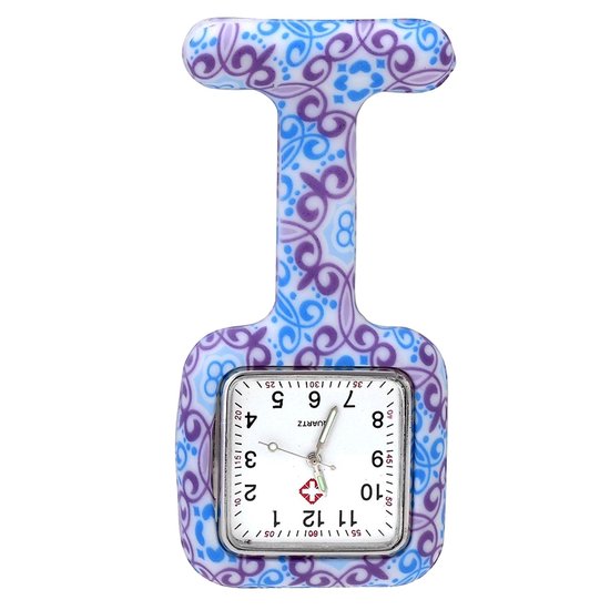 Fako® - Verpleegstershorloge - Zusterhorloge - Verpleegster Horloge - Siliconen Vierkant Print - Bloemen Paars/Blauw