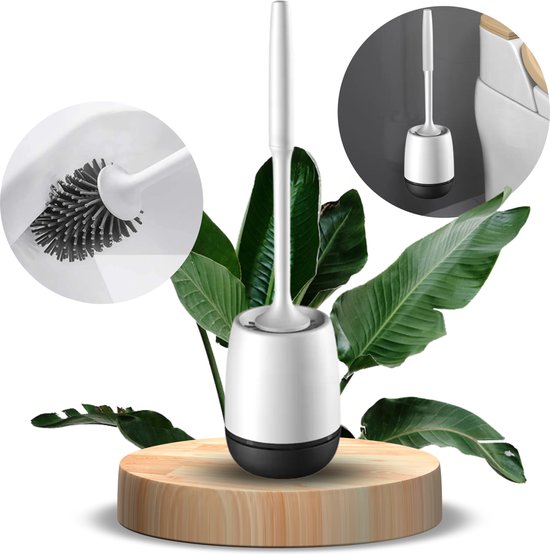 Toiletborstel Siliconen met Houder - Luxe WC Borstel - Vrijstaand of Hangend - Antibacteriële Borstel zonder Krassen - WC Borstel Siliconen - Sneldrogend - Wit met Zwart