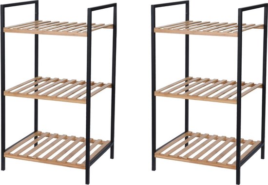 Foto: 2x stuks bamboe houten badkamer kastjes trolley 70 cm badkamermeubels badkamerkasten bijzetkastje met 3 plankjes