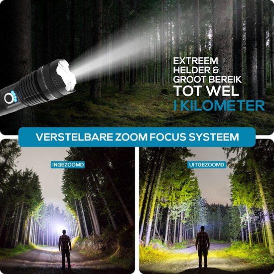 TradeRB® Militaire LED Zaklamp - USB Oplaadbaar - Inclusief 5000 mAh Batterij & Opbergdoos - 20 Branduren - Zoomfunctie - Telescopische Lens - voor Kamperen & Wandelen - 3000 Lumen - Aluminium – Zwart
