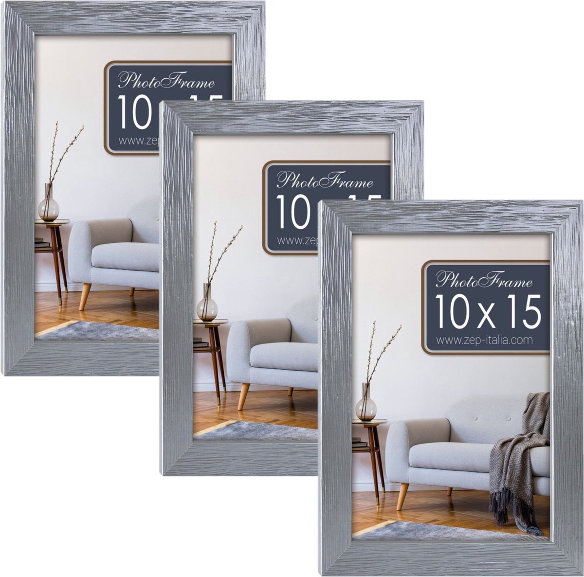 Zep 3x stuks houten fotolijst zilver geschikt voor een foto van 10 x 15 cm