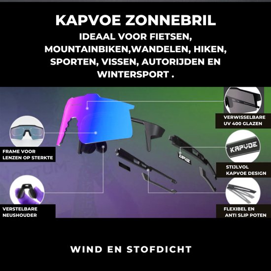 KAPVOE Sport Zonnebril - COMPLETE SET - 4 GLAZEN - Fietsbril - Sportbril - Mountainbike - Ski - Wintersport - Sneeuw - Polariserend - UV 400 - Nachtbril - Frame voor Zonnebril op Sterkte - Hoesje -Brillenkoker - Dames en Heren - BLAUW van Merkloos — afbeelding 3