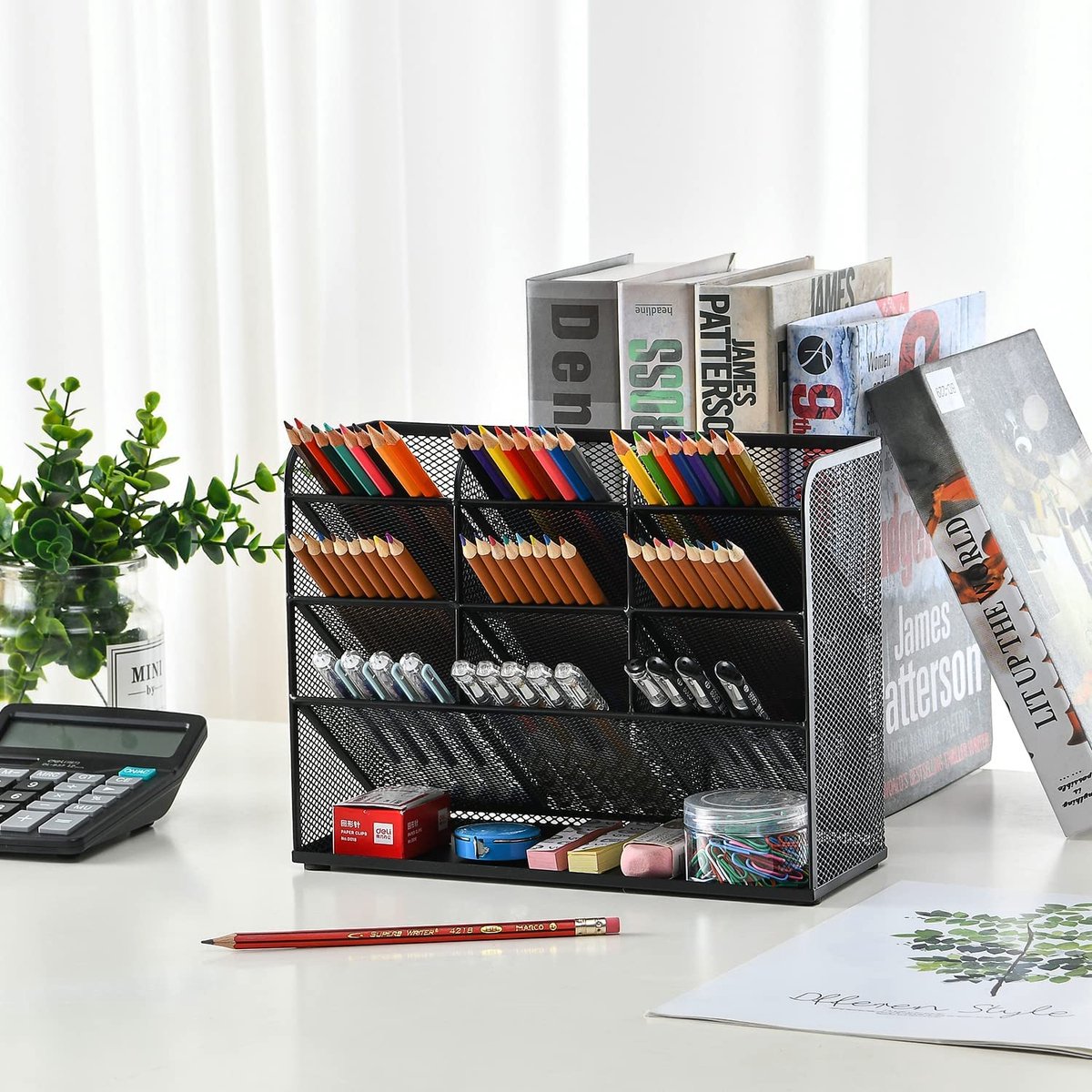 Organiseur De Bureau En Maille Métallique – Porte-stylos Avec Tiroir – Noir, Design Compact Et Anti-rayure