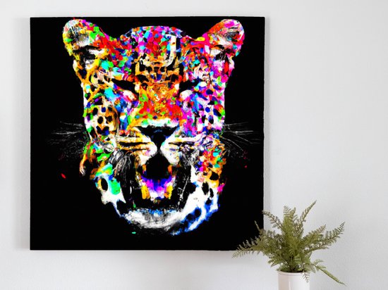 Fiery Leopard Explosion kunst - 60x60 centimeter op Canvas | Foto op Canvas - wanddecoratie
