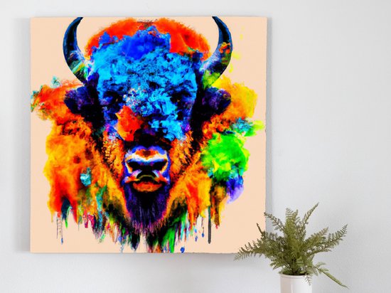 Vibrant prismatic bison | Vibrant Prismatic Bison | Kunst - 40x40 centimeter op Canvas | Foto op Canvas