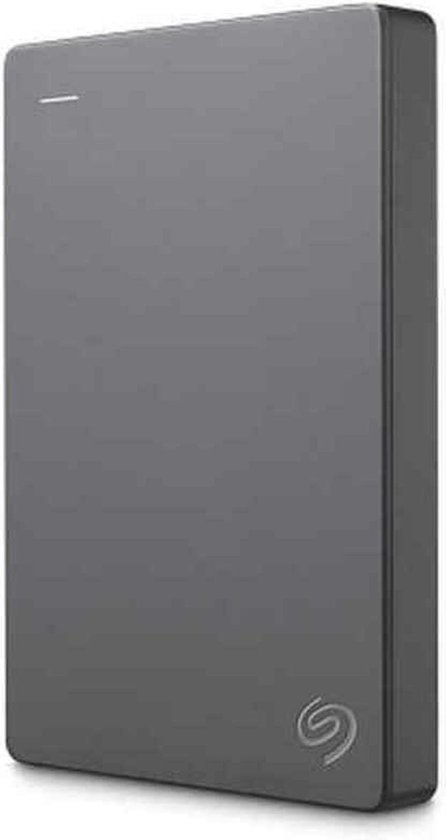 Grijze Seagate Basic 1TB externe harde schijf, staand gefotografeerd met logo.