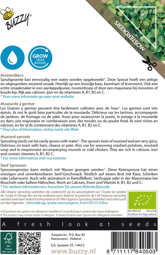 Verpakking met informatie over mosterdkers spruiten, biologisch geteeld en 'ready in 7 days'.