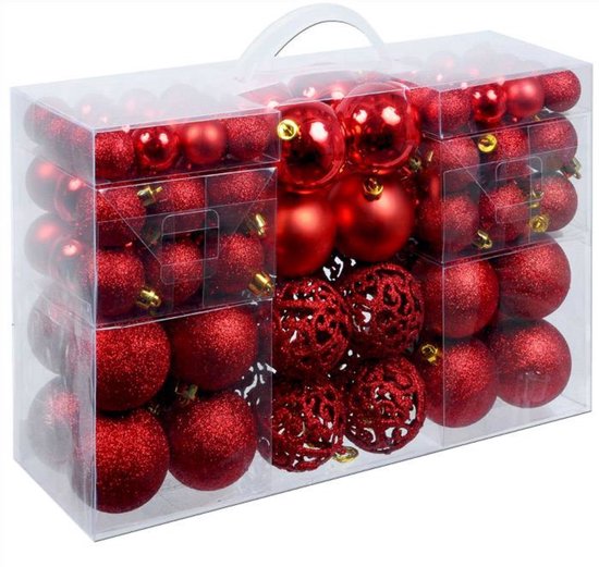 Christmas Gifts Kerstballen Set Rood - 100 Kunststof Kerstballen - Verschillende Afwerkingen - Ø 3/4/6 cm