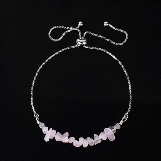 Kasey - Bracelet avec pierres de quartz rose - Bracelet en pierres précieuses - Bracelet en Natuursteen - Bracelet pour femme - Couleur argent - Réglable