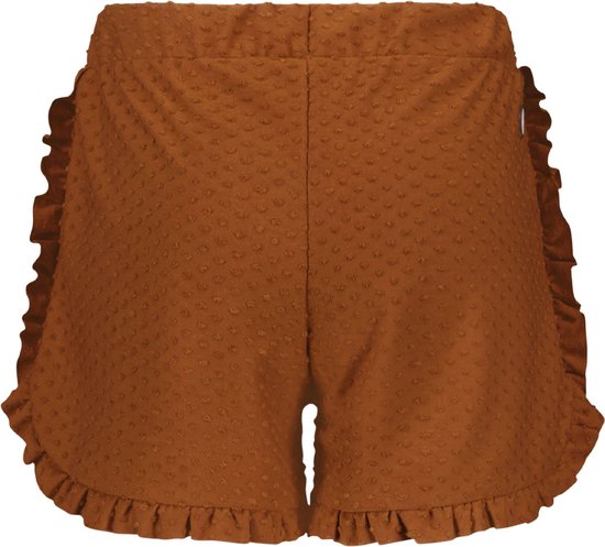 Bruine shorts met stipjes, met ruches aan de zijkanten en aan de onderkant.
