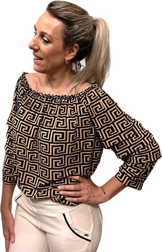 Top met laagjes mouw blok print camel 1 maat draagbaar tot maat 48 bol