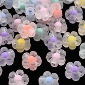 Acryl kralen, frosted bloemenkralen met pastelkleurig hart, 12x12x6mm, rijggat 2,5mm. Per 125 gram = ca. 245 stuks