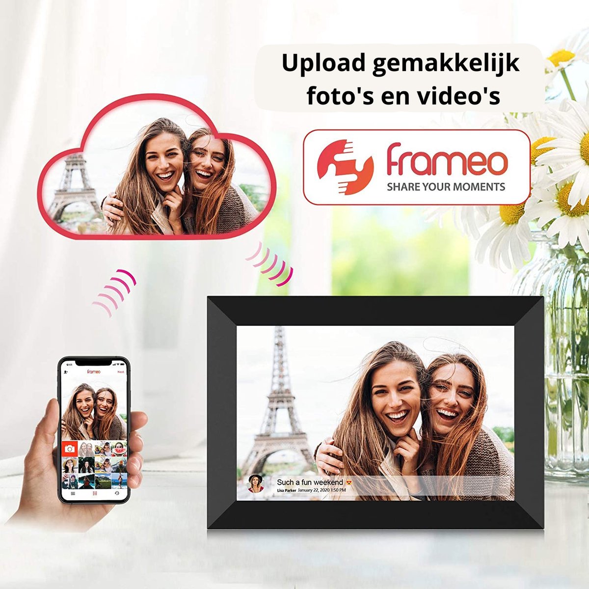 Digitale fotolijst, 32 GB, 10,1 inch, wifi, digitale fotolijst, 1280 x 800 IPS LCD touchscreen, intelligente fotolijst, automatische rotatie, direct delen van foto's of video's via de Frameo-app