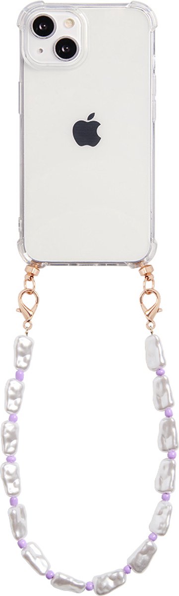 Casies Apple iPhone 14 hoesje met koord - Parel ketting - short size - crossbody - Cord Case Pearl Purple Beads