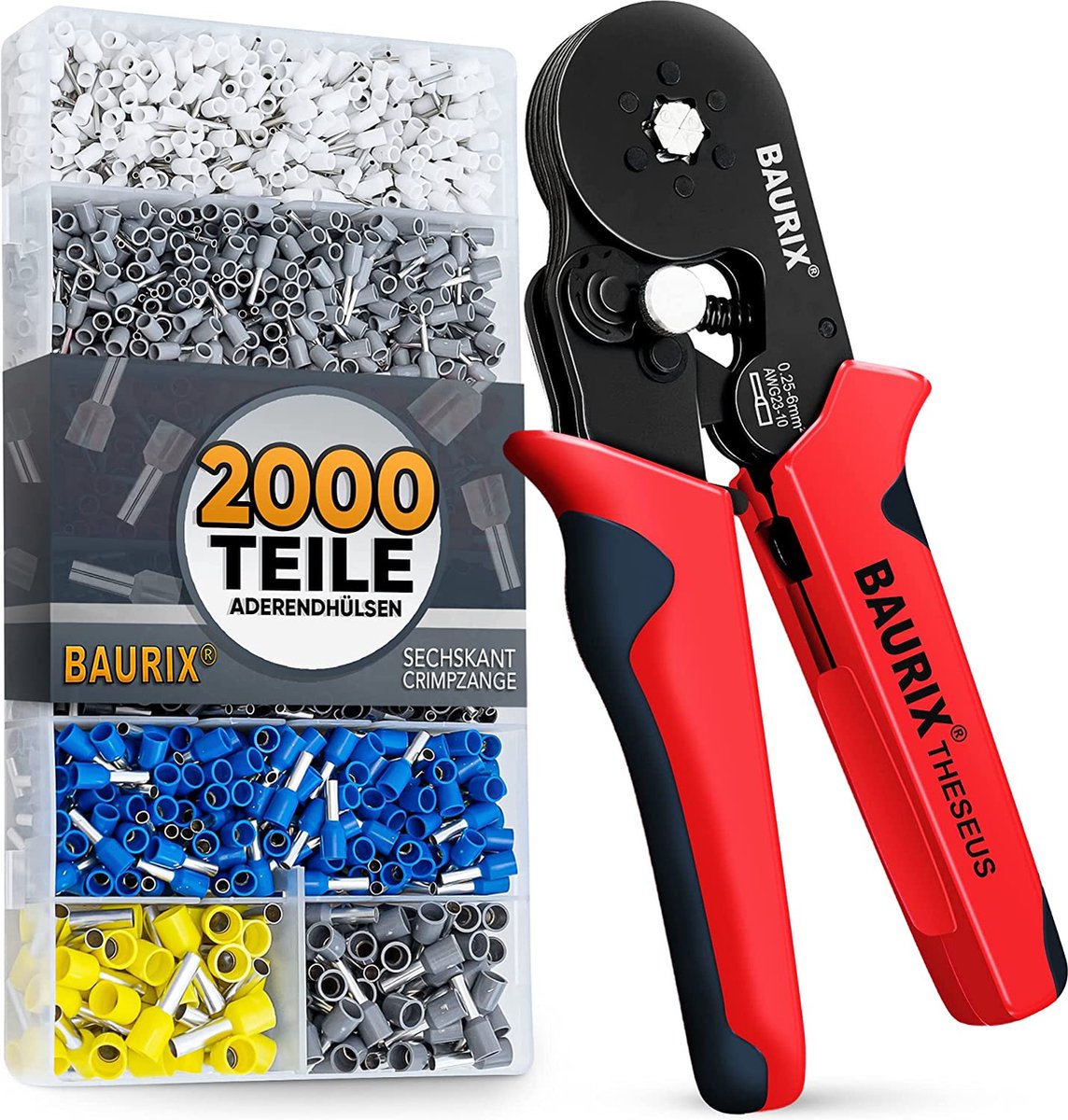 BAURIX® Sechskant Crimpzange Mit 2000 Aderendhülsen Set I Aderendhuelsenzange Selbsteinstellend Fuer 025 6mm I Krimpzange Crimpzangen Crimp Zange Presszange