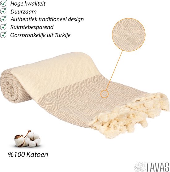 Beige hamamdoek opgerold met ruitpatroon en franjes, met tekst "100% Katoen".