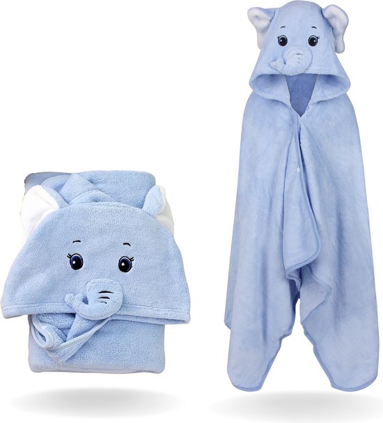 AdomniaGoods - baby badjas - badponcho - baby badcape - baby handdoek met capuchon - olifant - blauw