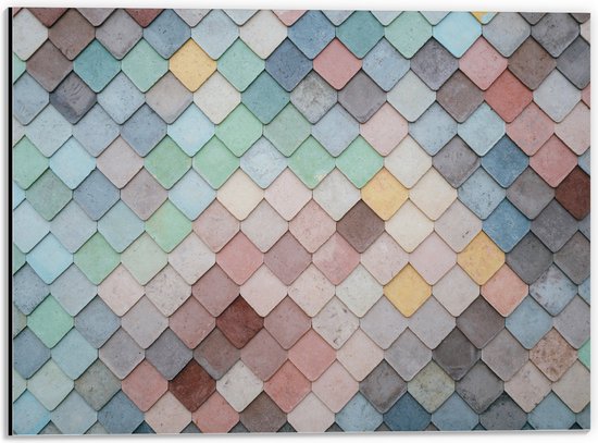 Dibond - Wand met Driehoekvormige Textuur in Verschillende Kleuren - 40x30 cm Foto op Aluminium (Met Ophangsysteem)