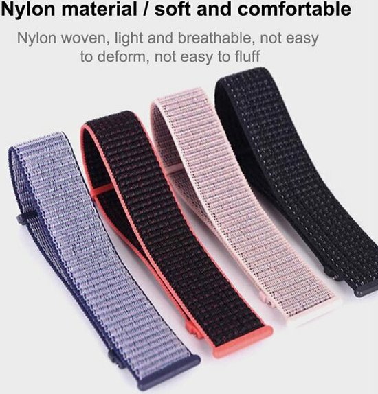 Vier nylon horlogebandjes in blauw, roze, zwart en donkergrijs, geweven met een fijn streepjespatroon.