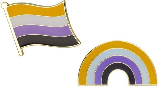 Pride Non Binair Kledingspeld combi - Gay Pride - LGBTQ - Non Binary Pin Broche - Vlag + Regenboog 2 stuks