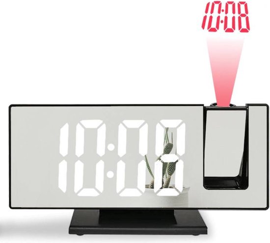 DollaTek Projection Alarm Clock for Bedroom, Digital Alarm Clock with Dual Alarm Clock, 4 Dimmers, Large 180° Rotating LED Display, Black Cover, White Word
