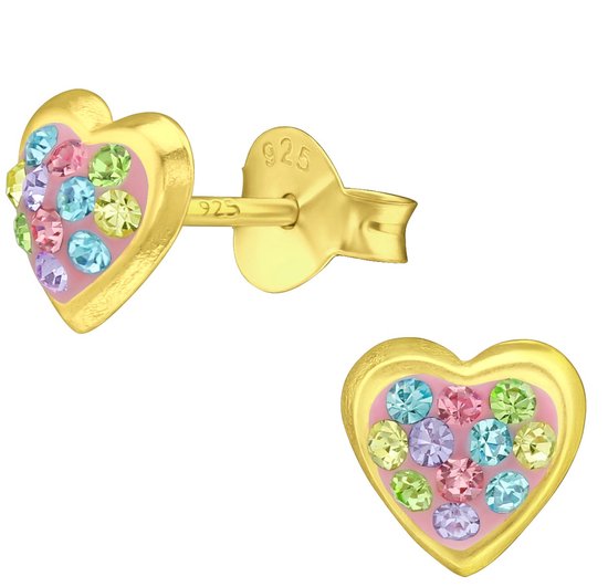 Joy|S - Zilveren hartje oorbellen - 6 mm - goud roze gekleurde kristalletjes - 14k goudplating - kinderoorbellen