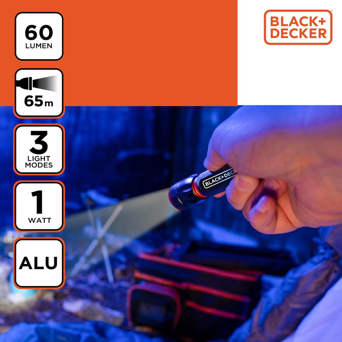 BLACK+DECKER LED Zaklamp 60 Lumen - 1W - AA-Batterij (Excl.) - 65M Bereik - 3 Lichtstanden: Hoog, Laag, Pulserend - Zwart/Oranje