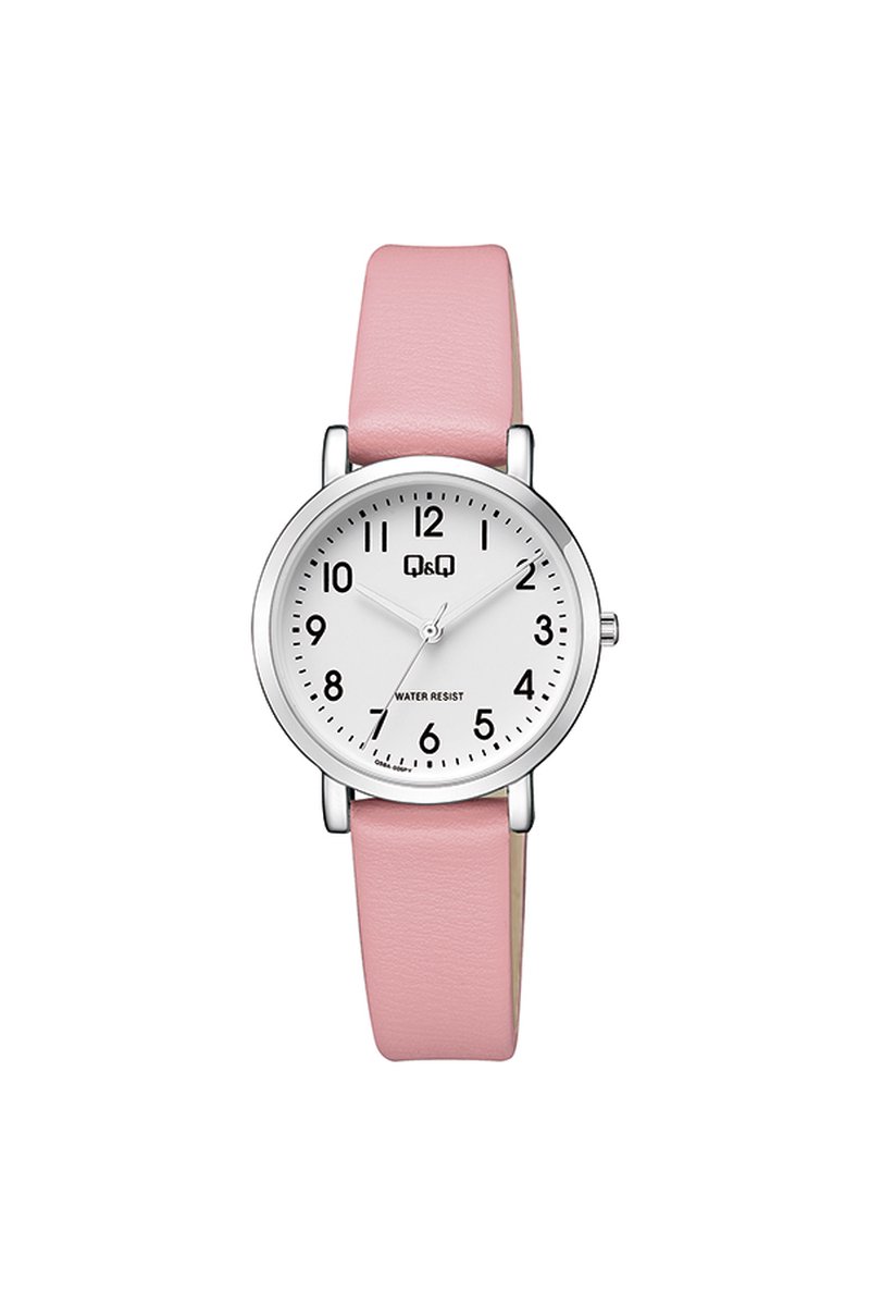 QQ Q58A-006PY - Horloge - Analoog - Vrouwen - Dames - Leren band - Rond - Metaal - Cijfers - Roze - Zilverkleurig - Wit - 3ATM